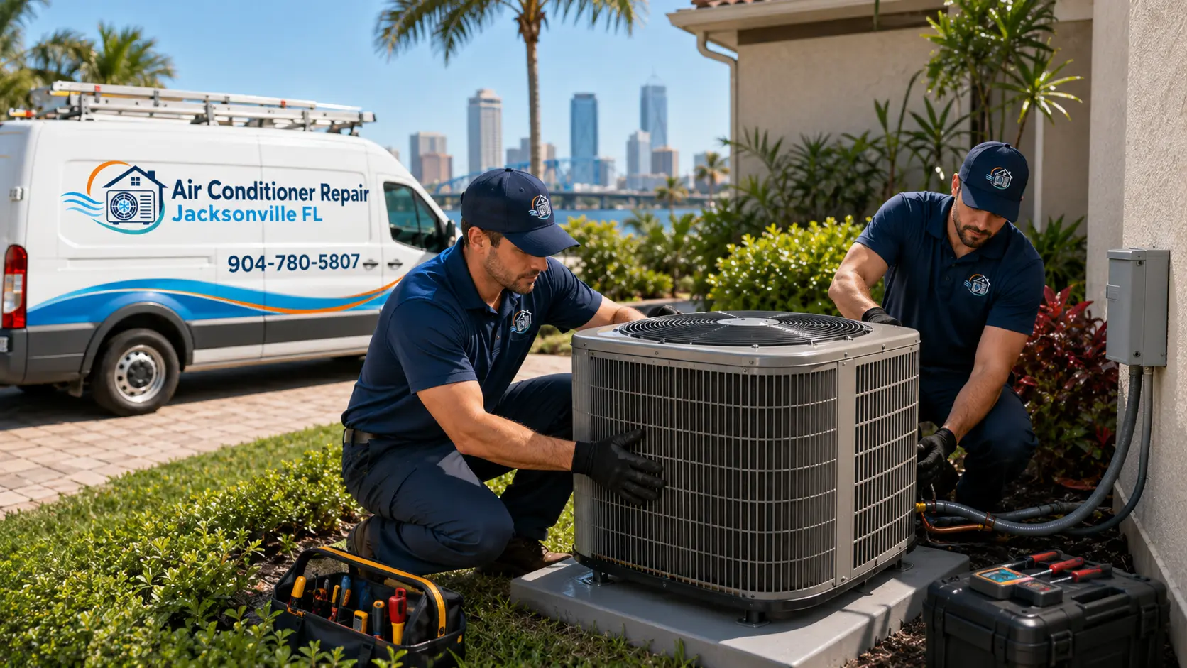 Two Jacksonville HVAC technicians working on a residential air conditioner condenser unit