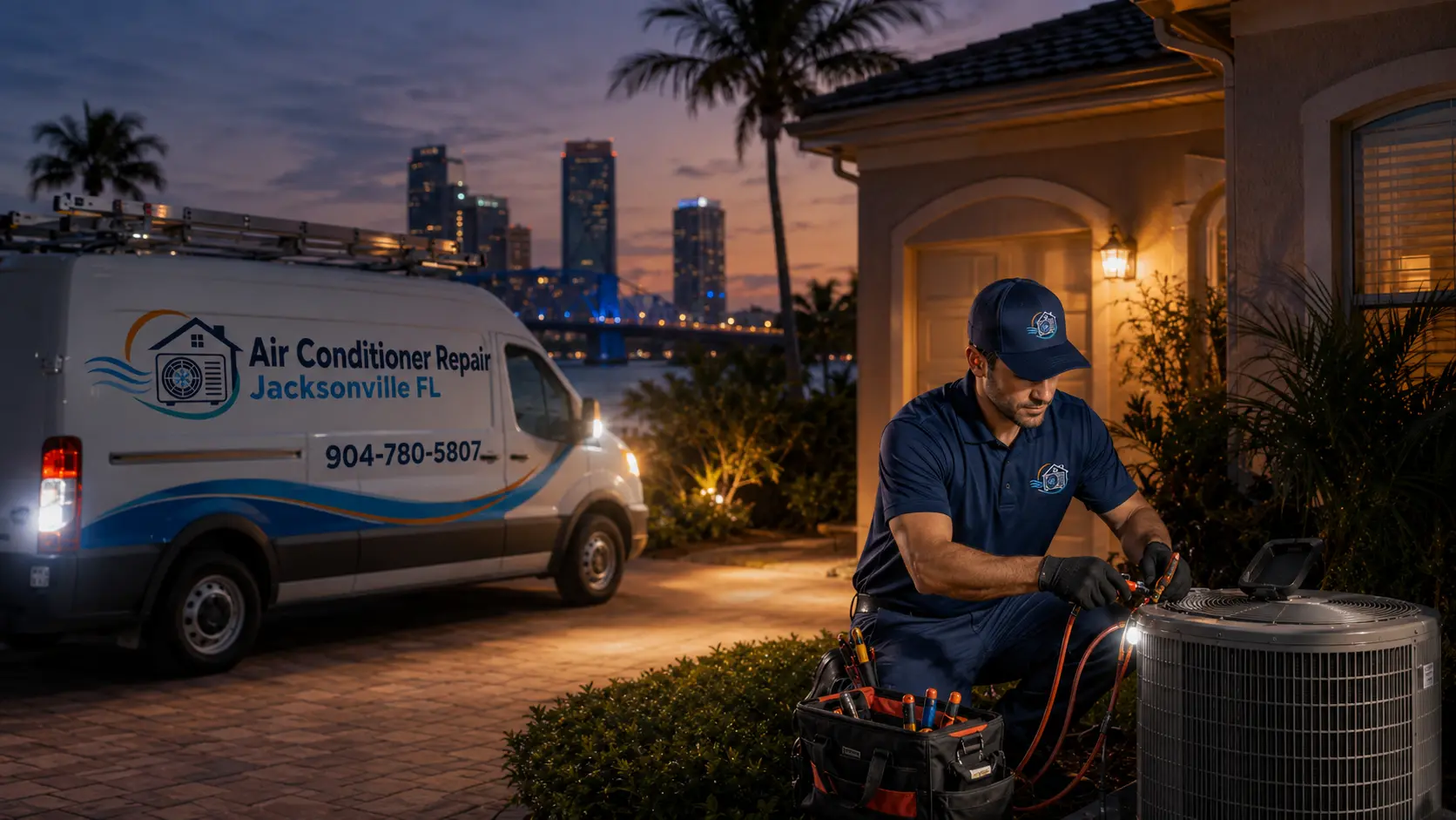 Technician making an evening emergency air conditioner service call in Jacksonville