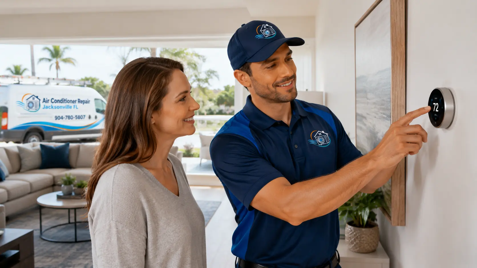 Technician adjusting a smart thermostat in a Bartram Park Jacksonville home