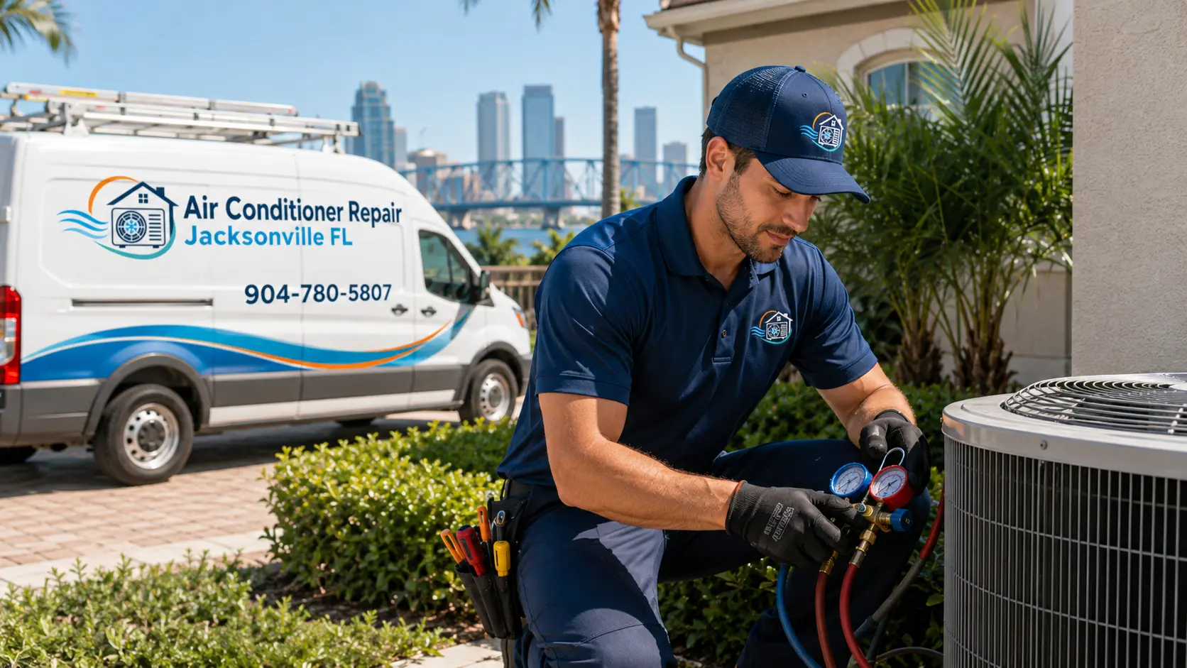 Air conditioner repair technician checking refrigerant pressure in Jacksonville FL
